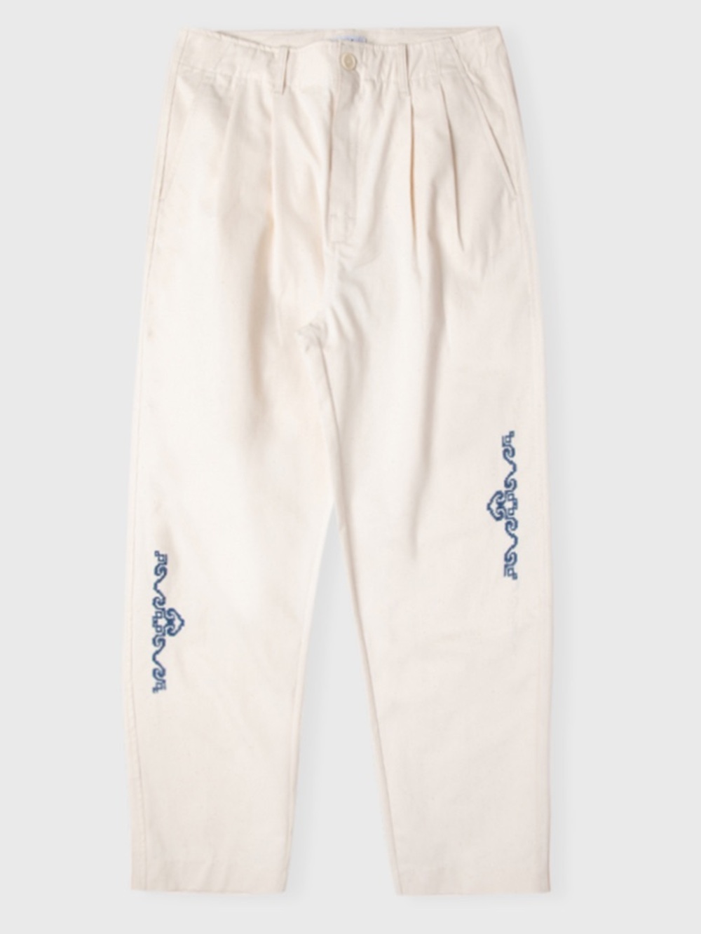 Men's Cream Chinos with Blue Embroidered Detail